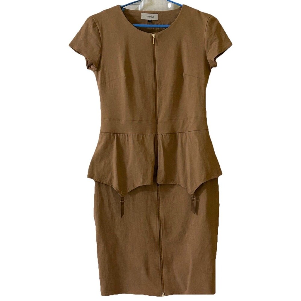 Murmur Structured Peplum Dress Tan Zip Front Size 40 US 8 Designer Garter Detail